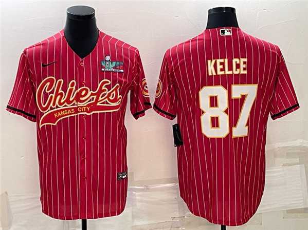 Men%27s Kansas City Chiefs #87 Travis Kelce Red With Super Bowl LVII Patch Cool Base Stitched Baseball Jersey